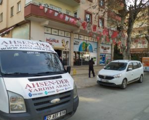 Ahsen charity truck is seen next to the IHH office in Gaziantep