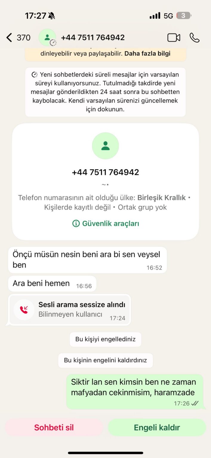 Στιγμιότυπο οθόνης ενός γραπτού μηνύματος από τον Βεϊσέλ Σαχίν, μέλος της τουρκικής μαφίας, που φέρεται να απειλεί τον επιχειρηματία με δολοφονία.